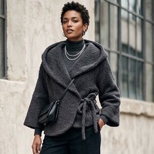 Purna Wool Blend Charcoal Grey Hooded Wrap Sweater Jacket Made in Canada -Size 4